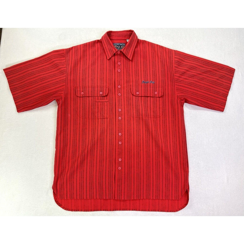 Vintage Bugle Boy Button Down Shirt Red Striped 90s Short Sleeve Mens Large
